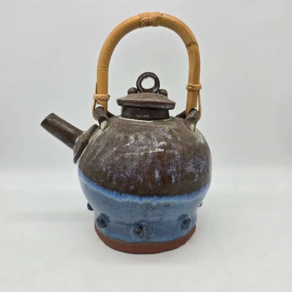 Vintage Hand Thrown Bamboo Handle Teapot Retro Blue and Brown Artist Signed